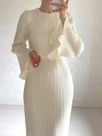 Pleated Bell Sleeve Round Neck Smocked Waist Maxi Dress