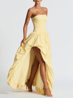 Pleated Slit Strapless Straps Maxi Dresses