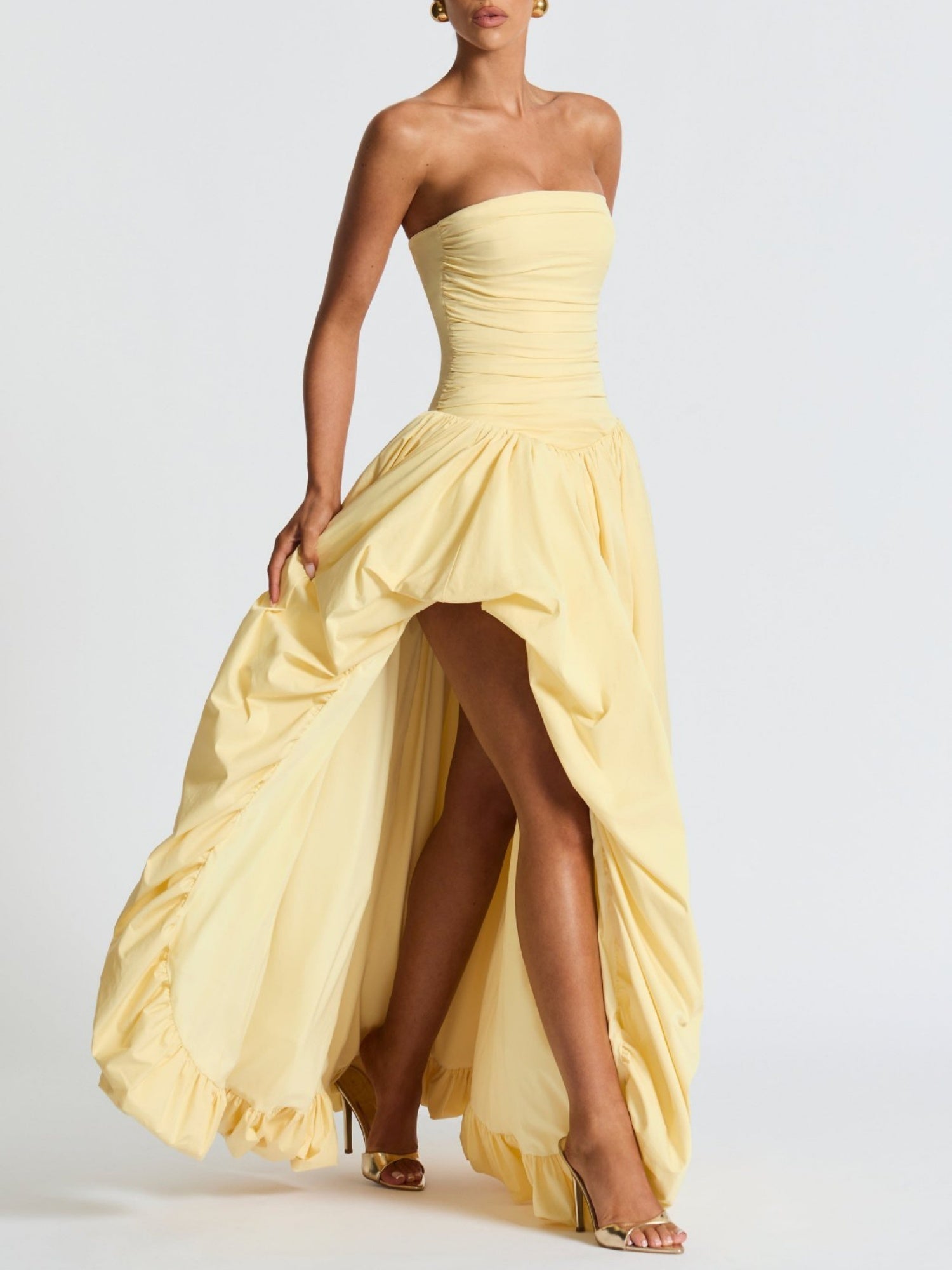 Pleated Slit Strapless Straps Maxi Dresses
