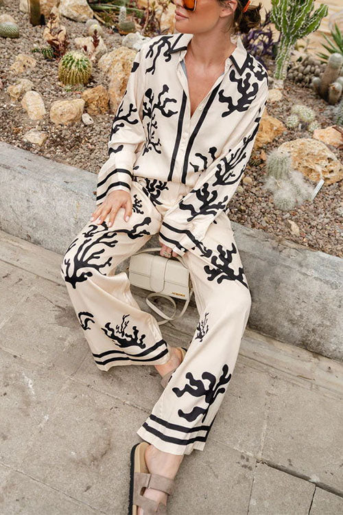 Long Sleeves Button Up Reef Print Satin Shirt