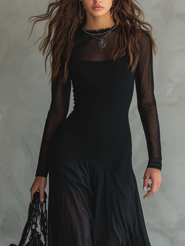 Splicing Solid Color Patchwork Long-sleeved Fishtail Maxi Dresses