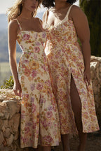 Floral Print Sweetheart Bustier Tie Strap Tiered Midi Dress