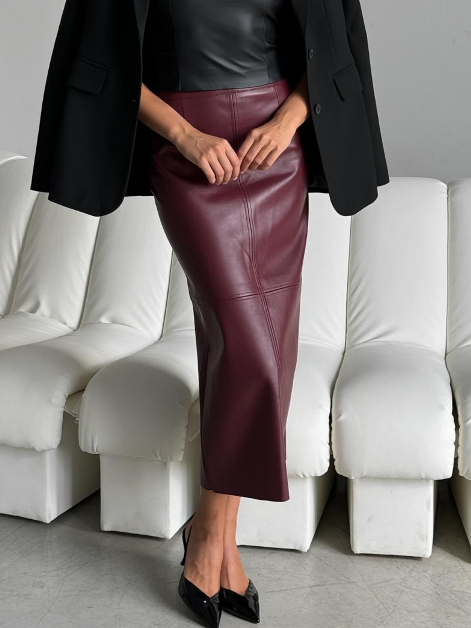 PU Leather High-waisted Back Slit Longline Skirts