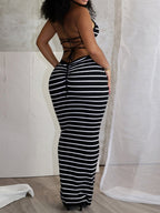 Striped Color Blocking Backless Strappy High Elasticity Maxi Dresses