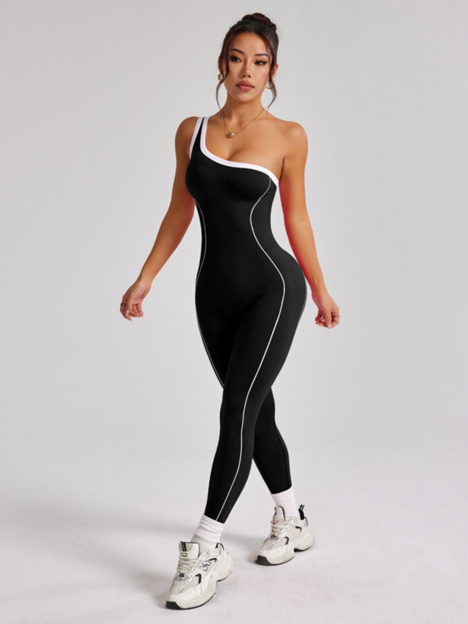 Color-blocked Stripes One Shoulder Exercise And Fitness Yoga Jumpsuits