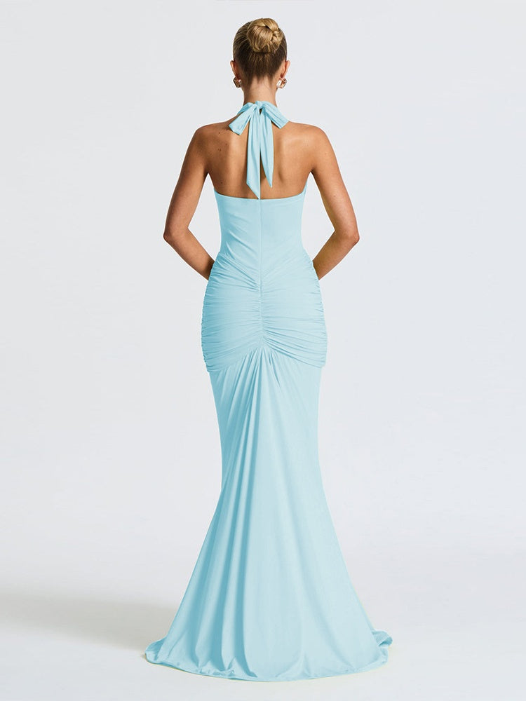 Halter Neck Deep V-neck Fitted Waist Long Dress Sexy Backless Ribbon Fishtail Long Dress