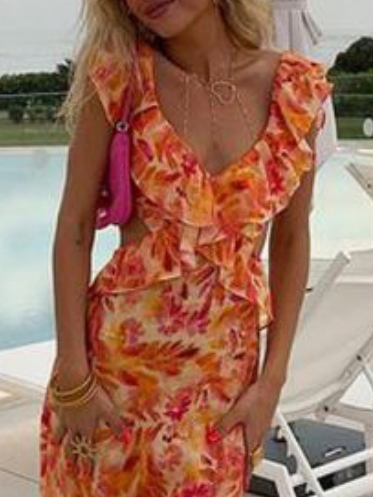 Ruffle V-neck Backless Strappy Maxi Dresses