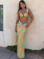 Color-blocked Print Strappy Top High-waisted Midi Skirt 3 Piece Bikinis