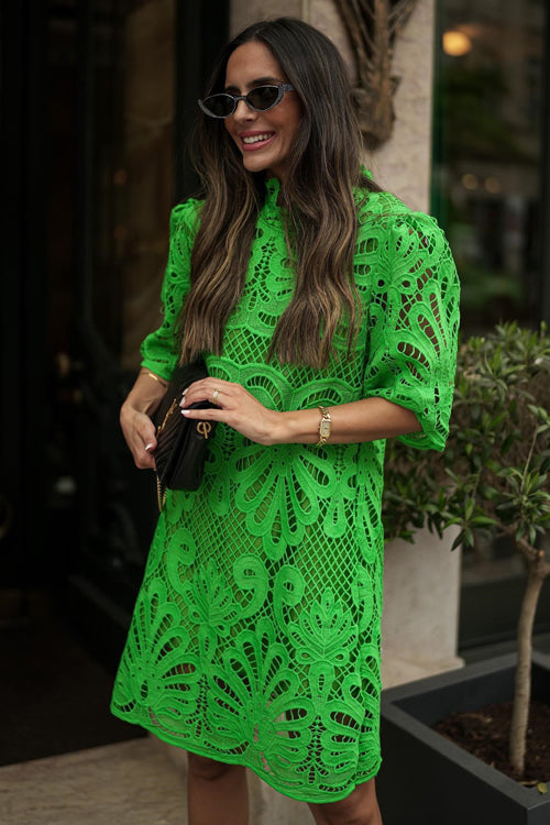 Mock Neck Guipure Lace Scalloped Elbow Sleeve Shift Mini Dress
