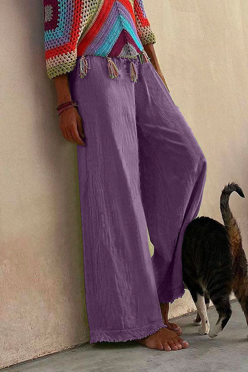 Solid Raw Hem Wide Leg Casual Pants