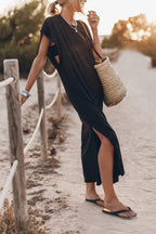 Crew Neck Short Sleeve Relaxed Side Slit Maxi T-Shirt Dress