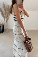 V Neck Crochet Hollow Out Color Block Knitting Maxi Cami Dress