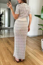 High Rise Zigzag Patterned Side Slit Maxi Skirt