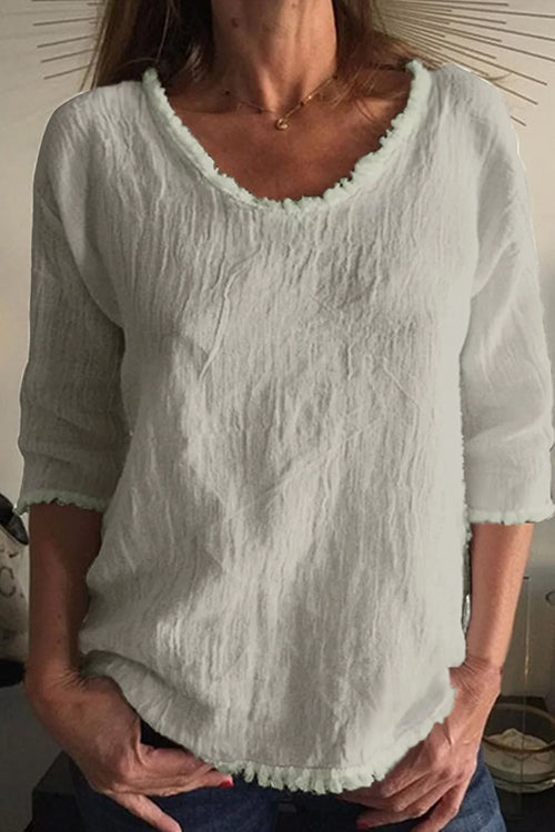 Round Neck 3/4 Sleeves Raw Hem T-shit
