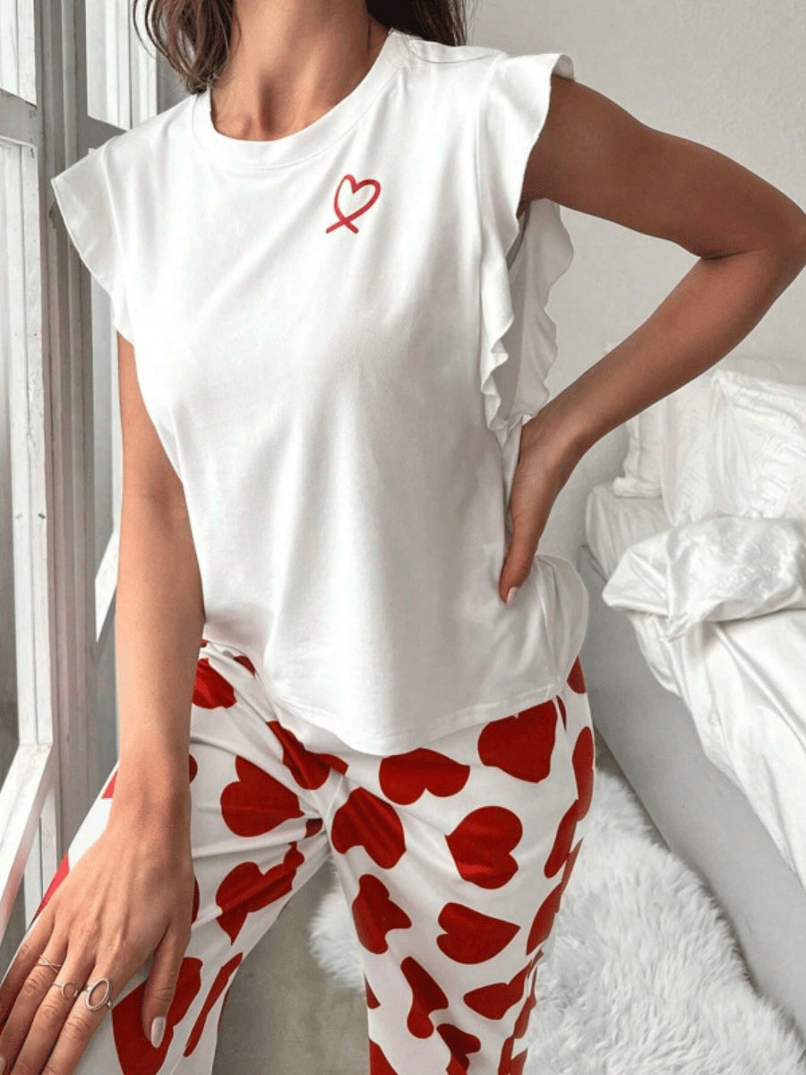 Heart-print Ruffled Sleeve Trousers Set That Can Be Worn As Loungewear