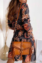 Paisley Print Deep V-Neck Long Sleeve Tiered Mini Dress