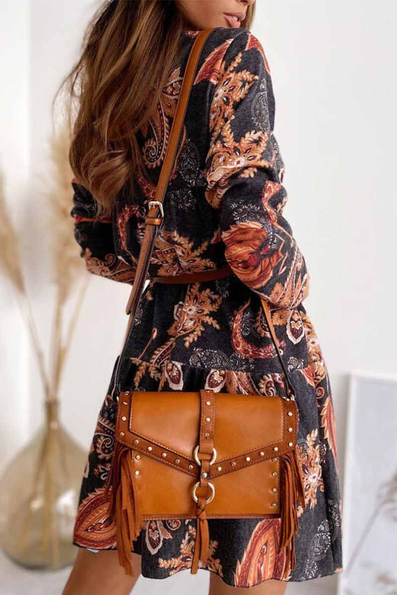 Paisley Print Deep V-Neck Long Sleeve Tiered Mini Dress
