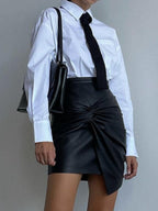 PU Leather Pleated High-waisted Knot Hip Wrap Skirts