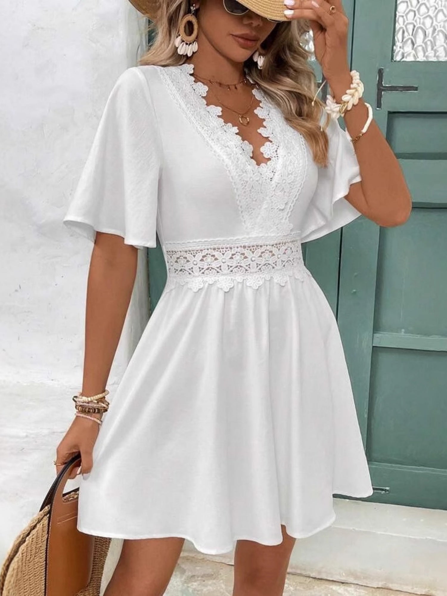 Lace Trim Hollow Out V-neck Short Sleeve Mini&Short Dresses