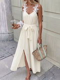 Embroidered Lace Patchwork Slit Bandage Maxi Dresses