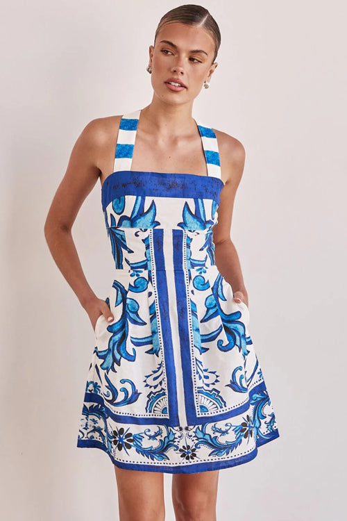 Ornamental Print Square Neck Wide Strap A-Line Mini Dress