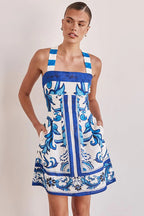 Ornamental Print Square Neck Wide Strap A-Line Mini Dress