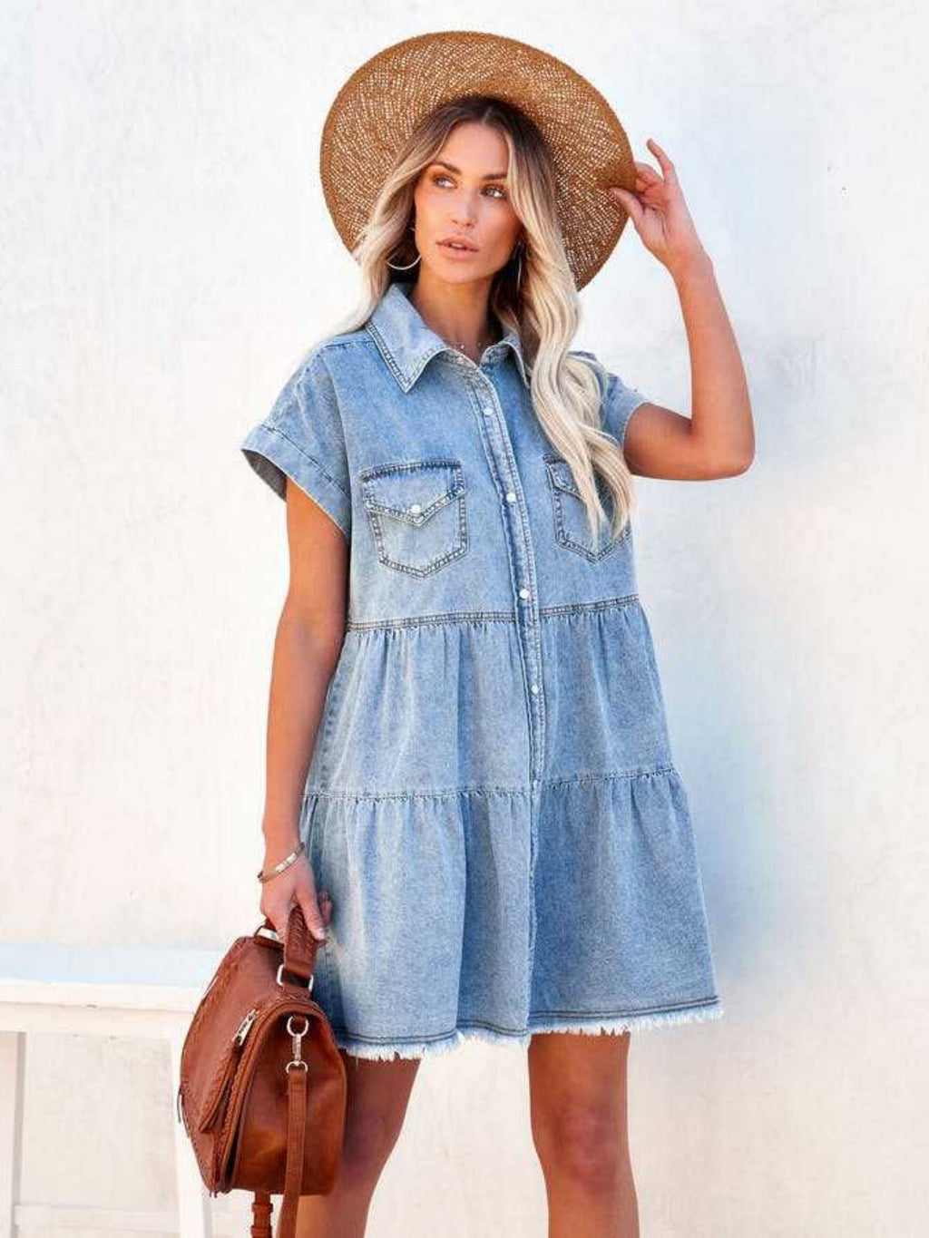 Denim Buttons POLO Collar Short-sleeved Shirt Mini&Short Dresses