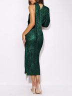 Sequin One-Shoulder Mock Neck Puff Sleeve Asymmetric Midi Dress
