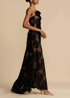 One Shoulder 3D Floral Applique Velvet Burnout Mesh Column Maxi Gown