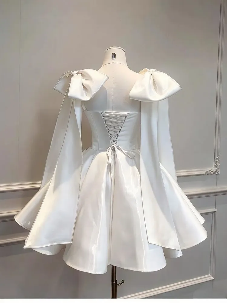Glossy Fabric, Bow Design, Spaghetti Strap Mini Dress