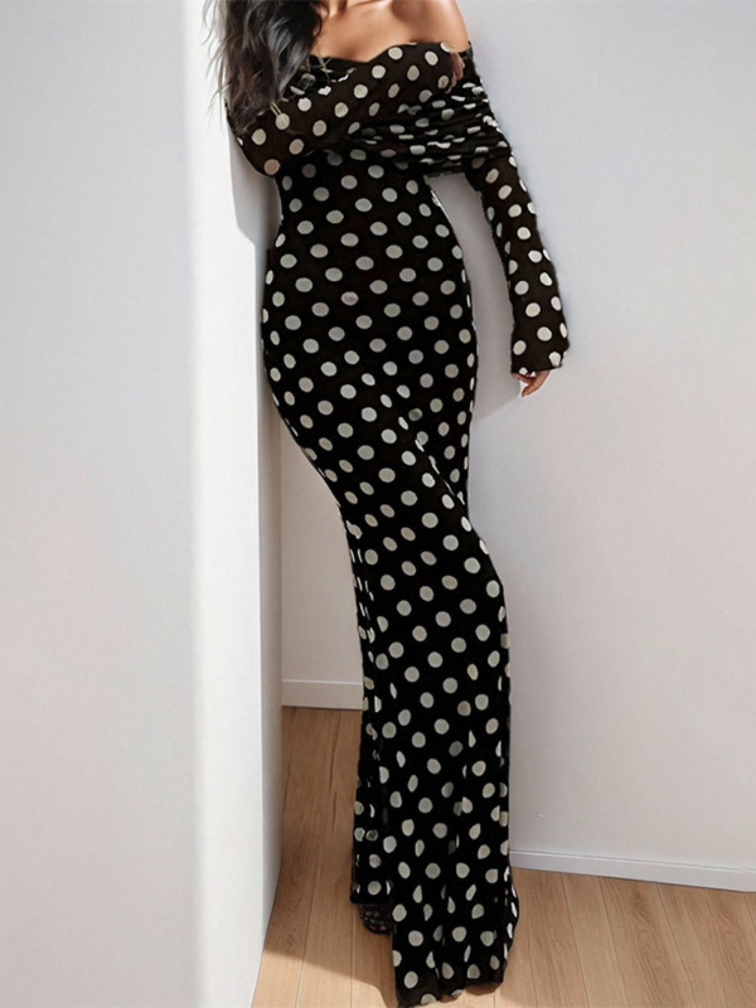 Polka Dots Off-shoulder Long Sleeves Slim Fit Hip Body Maxi Dresses