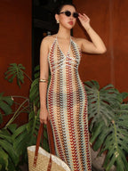 Striped Color Blocking Halter V-neck Maxi Dresses