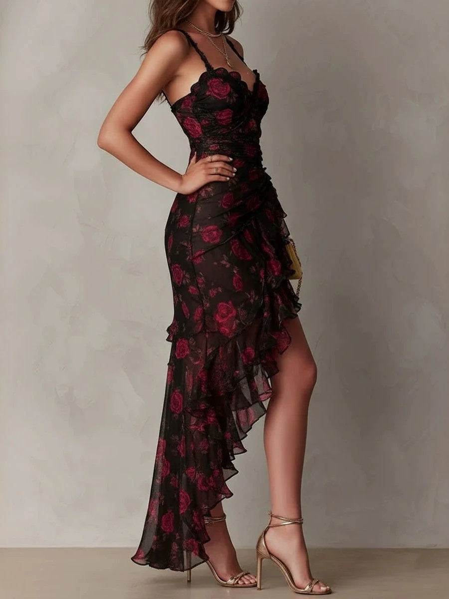 Black Floral Print Irregular Ruffled Spaghetti Strap Maxi Dress