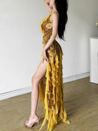 Printed Ruffle Deep V-neck Backless Maxi Dresses