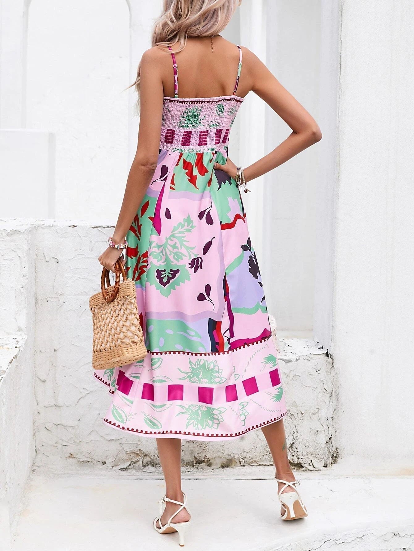 Square Neck Spaghetti Strap Abstract Tropical Print Midi Dress