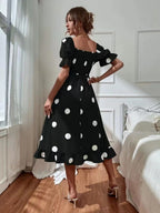 Square Collar Polka Dots Short Sleeve Ruffle Vacation And Leisure Maxi Dresses