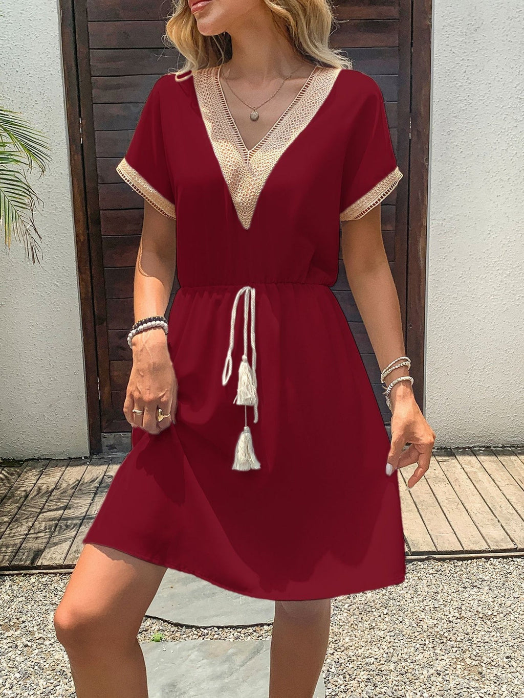 Spliced Waist Corset V-neck Short Sleeve Mini&Short Dresses
