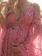V-neck Long Sleeve Floral Maxi Dresses