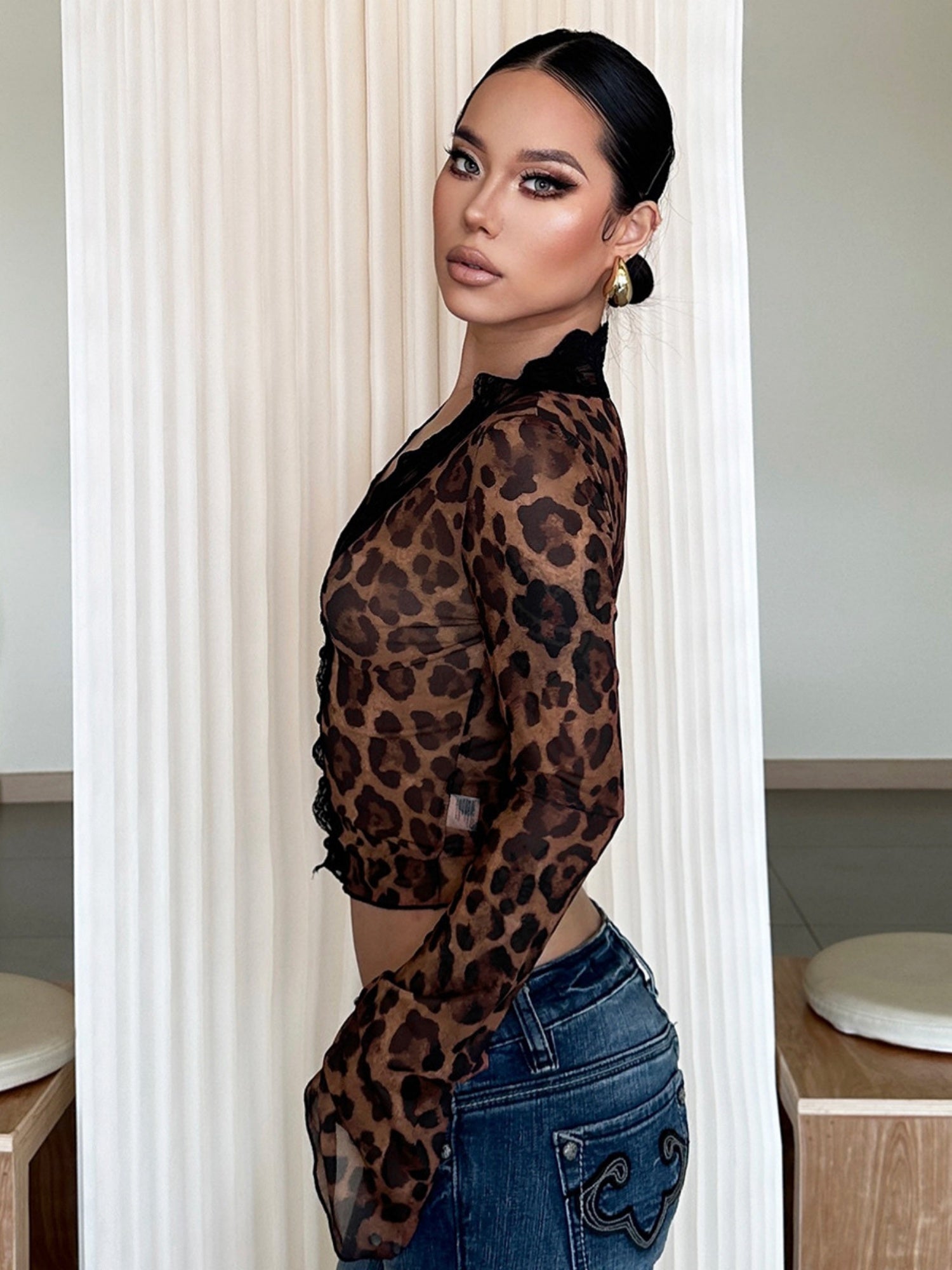 Leopard Print Mesh Lace Patchwork Long-sleeved T-shirt