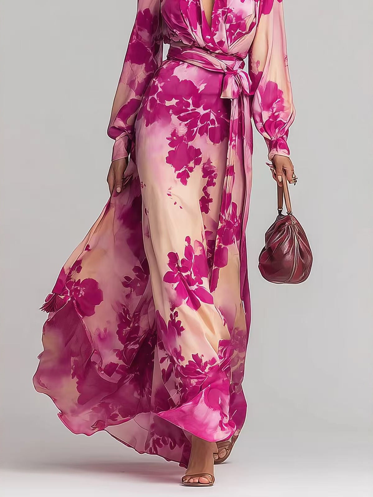 Floral Chiffon Long-sleeved V-neck Tie-waist Maxi Dress