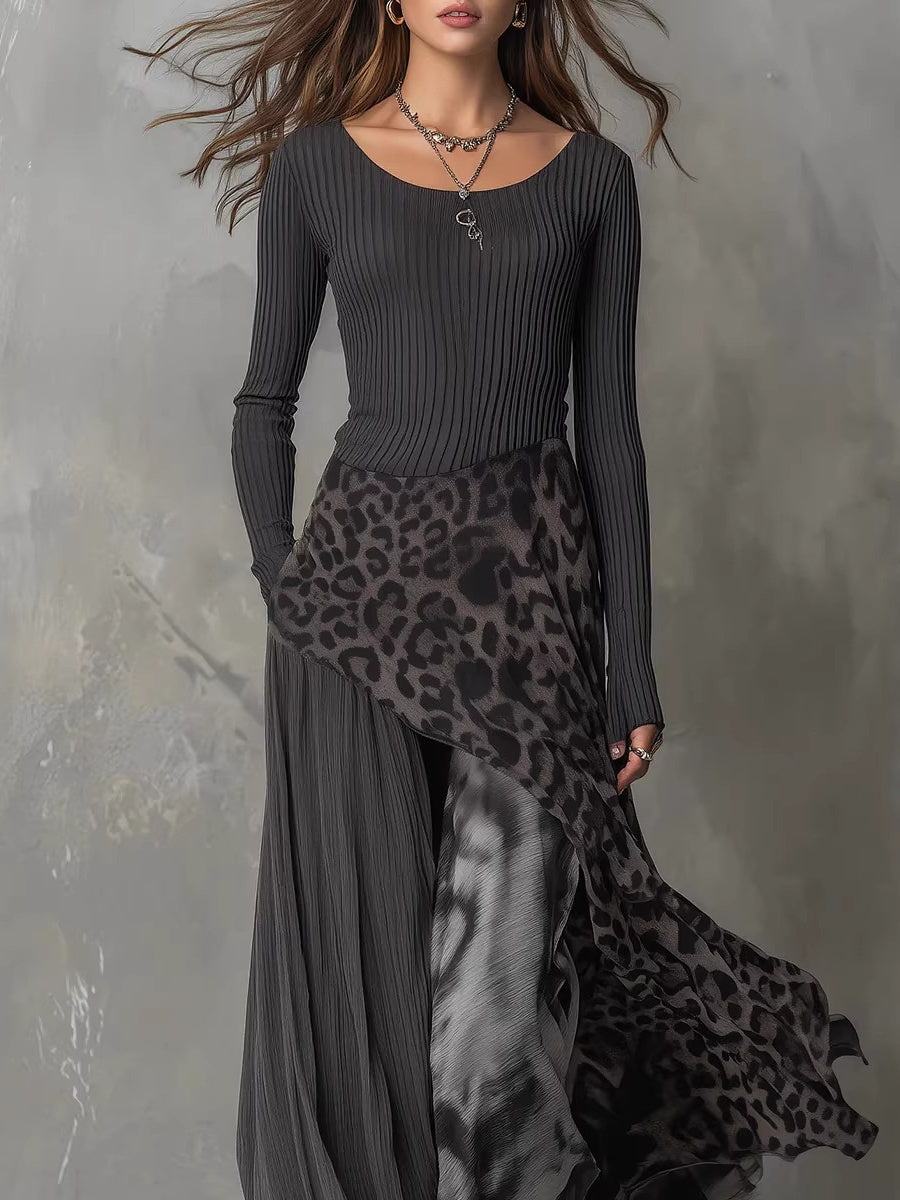 Black Long-sleeved Printed Irregular Design Round Neck Long Dress