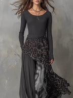 Black Long-sleeved Printed Irregular Design Round Neck Long Dress