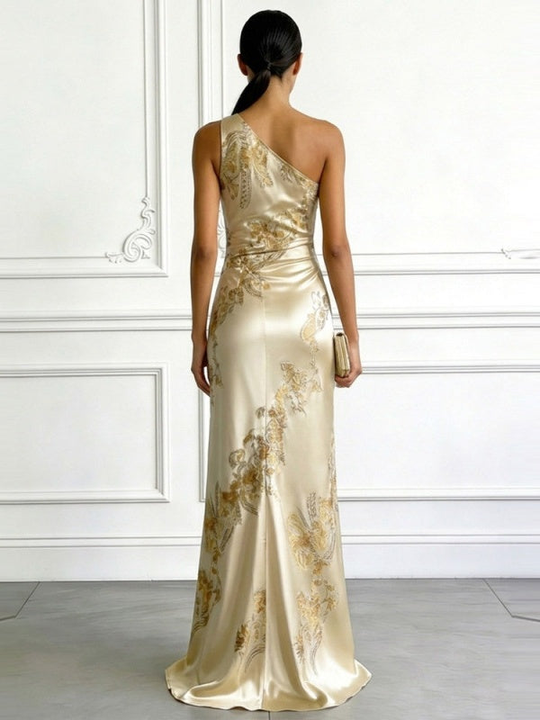 Off-shoulder, One-neck Floral Print Satin Long Dress