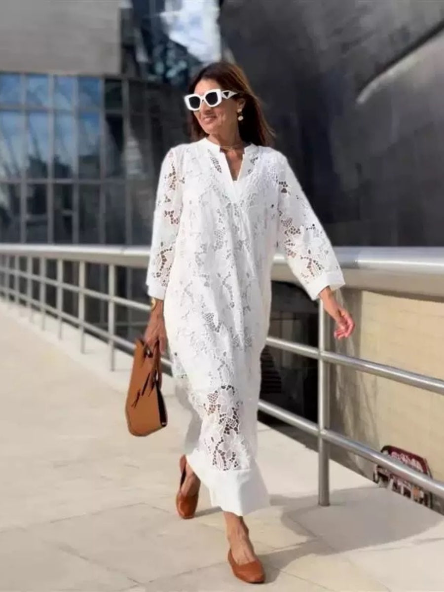 Applique 3D V-neck Straight-fit Long Sleeve Grace Maxi Dresses
