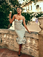 Polka Dot Fitted Ruched Skirt Midi Dress