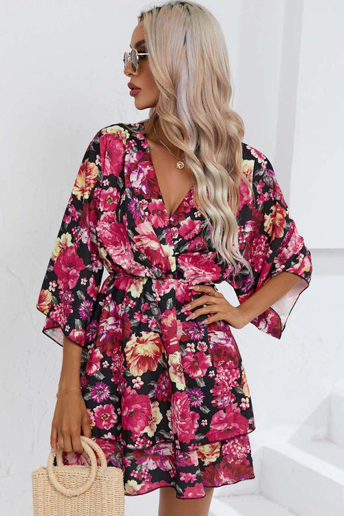 Wrap V Neck Bell Sleeve Tiered Floral Print Mini Dress