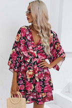 Wrap V Neck Bell Sleeve Tiered Floral Print Mini Dress