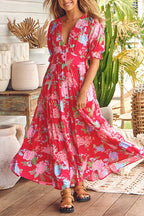 V Neck Button Up Floral Print Flowy Maxi Dress