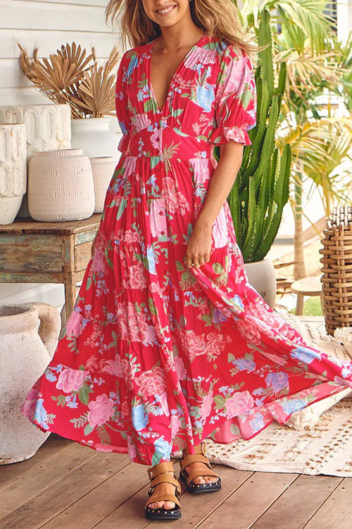 V Neck Button Up Floral Print Flowy Maxi Dress
