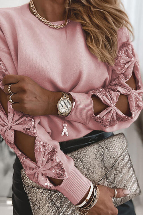 Crewneck Sequin Butterfly Cut Out Sweater